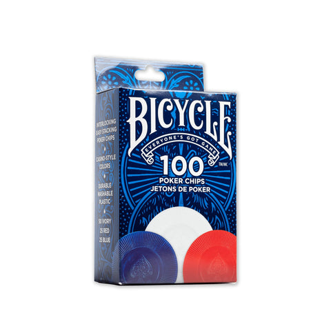 Pokerio žetonai Bicycle 100 vnt., mėlynoje dėžutėje, parodyti priekinis kampas su raudonu, baltu ir mėlynu žetonais