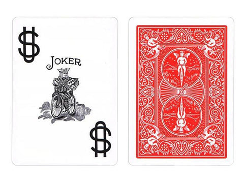 Bicycle kortos joker kortelė su dolerio simboliais ant baltos priekinės pusės ir raudonu atbuliniu dizainu