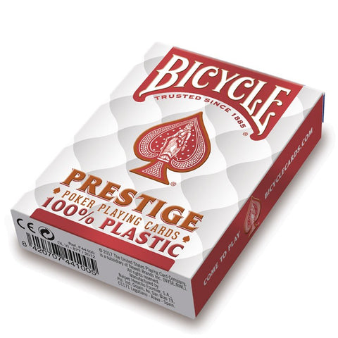 Bicycle Prestige pokerio kortos balta-raudoname 100% plastiko dėkle, uždarytos ir pasvirusiu kampu, skirtos kazino tipo žaidimams