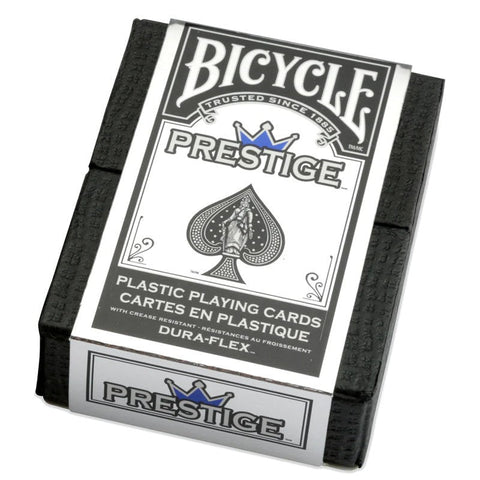 Bicycle Prestige žaidimo kortos, juodas plastikinis Dura‑Flex dėklas, atsparios sulankstymui, kampu matomos