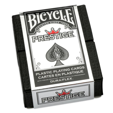 Bicycle Prestige žaidimo kortos, plastikinės Dura‑Flex, juodai baltos dėžutėje su tekstūruotu juodu apsauginiu gaubtu