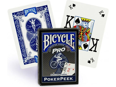 Bicycle PokerPeek žaidimo kortos, juoda Pro tūtos dėžutė priekyje su atverstu karaliumi ir mėlyna nugarėle