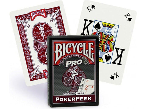 Bicycle kortos Pro PokerPeek, raudonos nugarėlės ir dėžutės peek‑langelis, matomas Karalius kortos gale