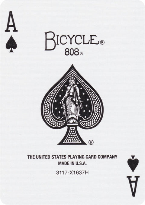 Bicycle korta tūzas pikų juodai baltas priekinis dizainas su klasikine figūra, „Made in U.S.A.“ logotipu ir modelio numeriu