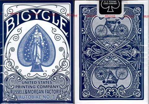 Bicycle kortų kaladė mėlyna Autobike No.1, parodytas priekinis dangtelis su spade figūra ir nugarėlė su dviračio ornamentu