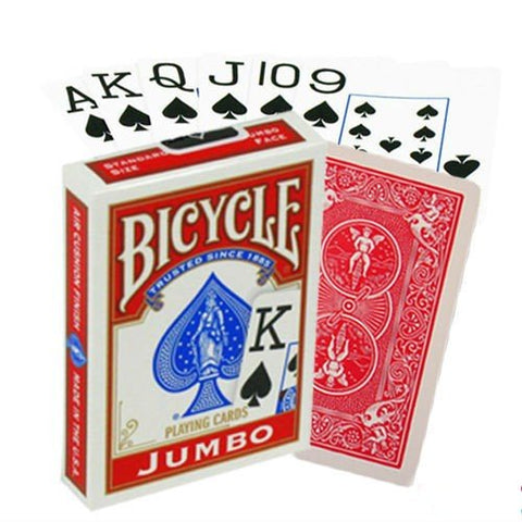 Bicycle žaidimo kortos, raudona nugarėlė, Jumbo dydis; atvertas komplektas su tūzais ir karaliaus kortomis, skirtas žaidimams