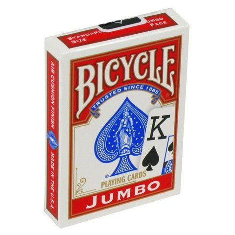 Bicycle žaidimo kortos Jumbo, raudonas priekinis dėklas trijų ketvirčių kampu, matomas sparno ir karaliaus piešinys