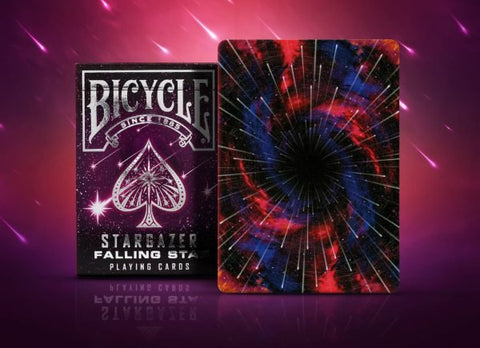 Bicycle kortos Stargazer Falling Star rinkinys – tamsiai raudona ir mėlyna spiralė nugarėlė dešinėje, dėžutė kairėje