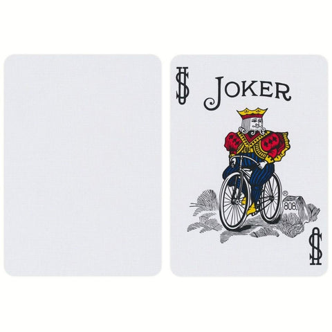 Jokerio korta Bicycle, priekinė pusė su karaliaus juokdario piešiniu ant dviračio ir balta tekstūruota nugarėlė šalia