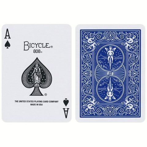 Bicycle korta Ace of Spades priekinė pusė juodai baltu dizainu ir mėlyna nugarėlė, parodyta abi pusių peržiūrai
