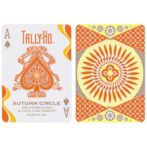 Kortos Tally-Ho Autumn Circle, oranžinės ir geltonos, rodo tūzą su detališku spaudiniu ir dekoratyvią nugarėlę