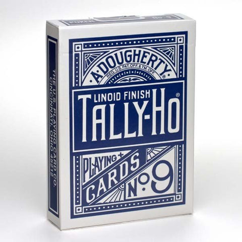 Tally-Ho žaidimo kortos mėlyna linoid apdaila, stovinti dėžutė priekinė pusė su retro ornamentais, vienas denis variantas