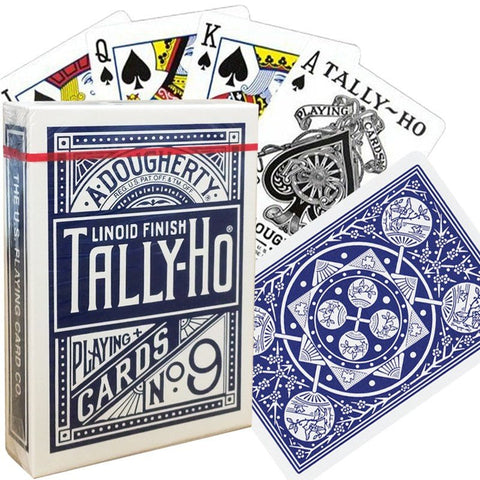 Tally-Ho kortų kaladė, mėlynos Linenoid nugarėlės ir klasikinis priekinis tūkas, komplekte 52 kortos fanuotos