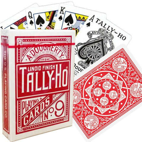 Tally-Ho žaidimo kortos, raudona dėžutė No.9 ir viena apversta korta su raudona ornamentuota nugarėle