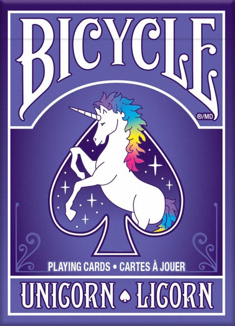 Bicycle Unicorn žaidimo kortos, violetinė dėžutė su baltu vienaragiu ir vaivorykštės griva; priekis, skirtas kolekcijai