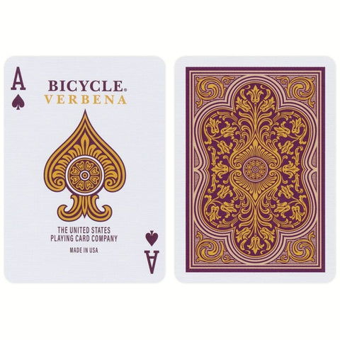Bicycle Verbena kortos su baltu tūzu pikų ir purpurine‑auksine nugarėle; matomas tūzo priekinis paveikslas ir detali nugaros ornamentika