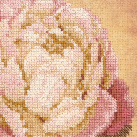 Kryželių siuvinėjimo rinkinys – artimas rožės žiedo fragmentas su rožiniais, smėlio ir rudos atspalviais, detalė galerijoje