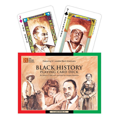 Kortų rinkinys Black History su dėkle ir dviem portretinėmis kortomis viršuje, smėlio spalvos priekinis dizainas