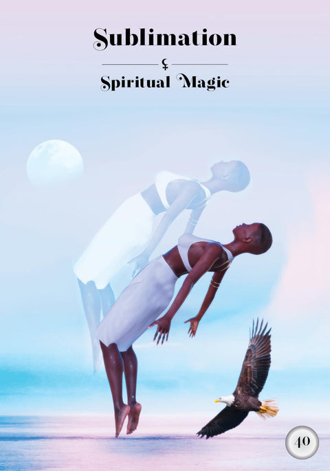 Plakatas Sublimation Spiritual Magic, pastelinis meno atspaudas su levituojančia moterimi ir ereliu, unikalus variantas