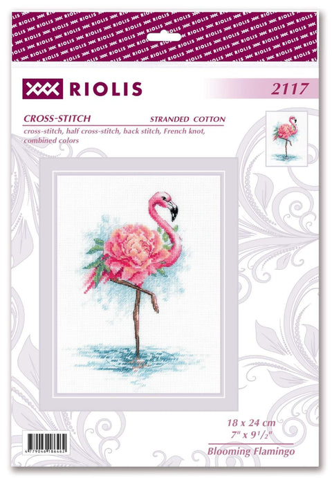 Siuvinėjimo rinkinys Riolis — rožinis flamingas ant vandens, 18×24 cm motyvas pakuotės priekinėje dalyje