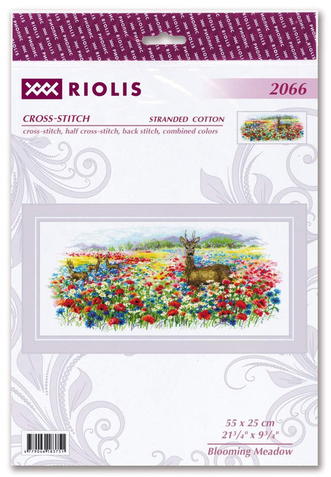 Kryželių siuvinėjimo rinkinys Riolis, 55×25 cm, margas pievos motyvas su elniais ir ryškiomis gėlėmis