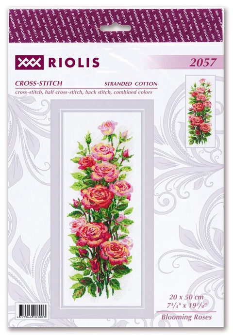 Kryželių rinkinys Riolis: ryškiai rožinės rožės ant baltos drobės, 20×50 cm, priekinė pakuotė