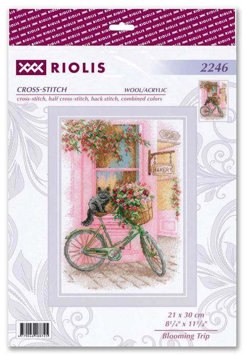 Kryželių rinkinys Riolis, rožinė vitrina su žalia dviračio krepšiu ir juodu katinu, 21×30 cm pakuotė