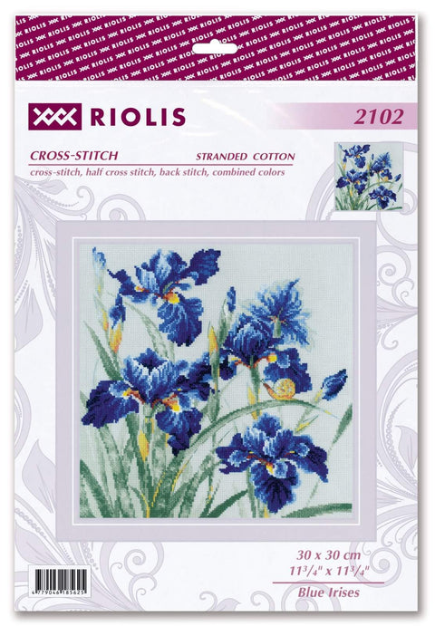 Kryželių rinkinys Riolis — mėlyni vilkdalgiai 30×30 cm, pilnas siuvimo komplektas su modeliu