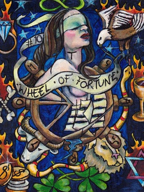 Tarot korta Wheel of Fortune — spalvingas meninis atspaudas su užrišta moterimi prie jūrinio rato, ereliu ir mitiniais gyvūnais