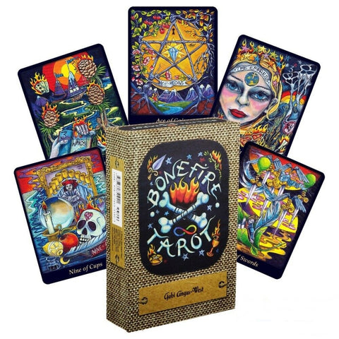 tarot kortos Bonefire su džiuto stiliaus dėklu ir šešiais spalvingais atvertais kortų pavyzdžiais