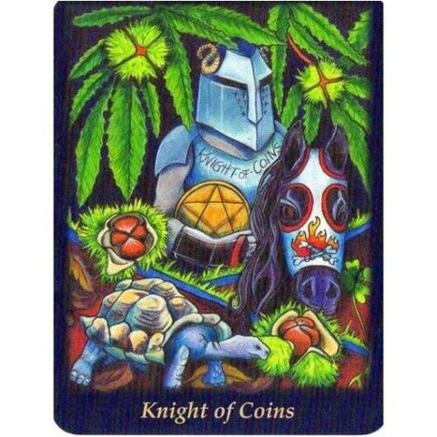 tarot korta Monetų riteris, iliustruota ryškiomis spalvomis su riteriu, vėžliu ir kauke, parduotuvės kortos variantas