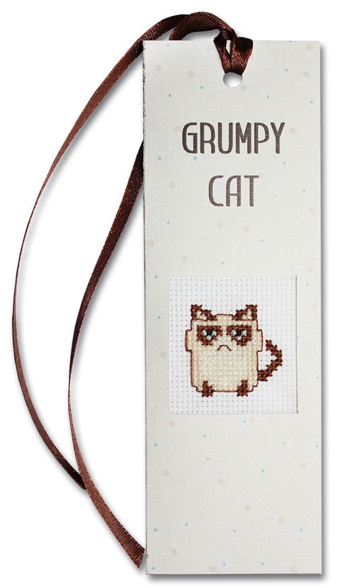 Knygos skirtukas su Grumpy Cat kryželiu, smėlio spalvos kortelė ir tamsiai rudu kaspinėliu