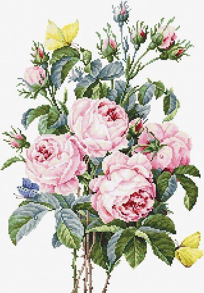 Kryželių siuvinėjimo rinkinys – rožių puokštė su rausvais žiedais ir geltonais drugeliais, detalus priartinimas, tinka sienai 30×40 cm