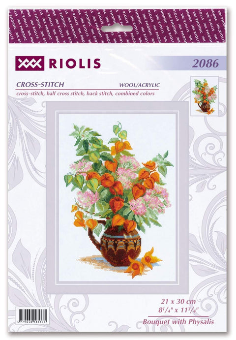 Kryželių rinkinys Riolis – vaza su oranžiniais fizalio žiedais, 21×30 cm pakuotė, vilna/akrilo siuviniui