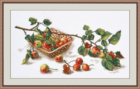Siuvinėtas paveikslas obuolių krepšelis, rėmuotas 40×60 cm; smulkus kryželių raštas su vaisių ir lapų kompozicija