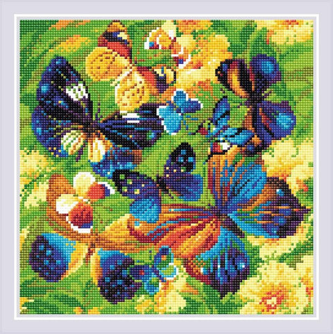 Deimantinė mozaika Spalvoti drugeliai, kvadratinė 30×30 cm, ryškios mėlynos, geltonos ir oranžinės spalvų kombinacijos