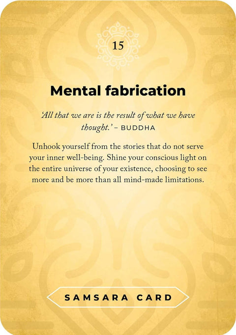Samsara kortelė (geltona) su numeriu 15 ir antrašte "Mental fabrication", BUDDHA citata apie mintis ir jų paleidimą