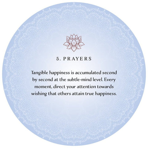 Meditacijos kortelė 5. Prayers, apvalus šviesiai mėlynas dizainas su lotoso simboliu, ragina nukreipti dėmesį link kitų laimės