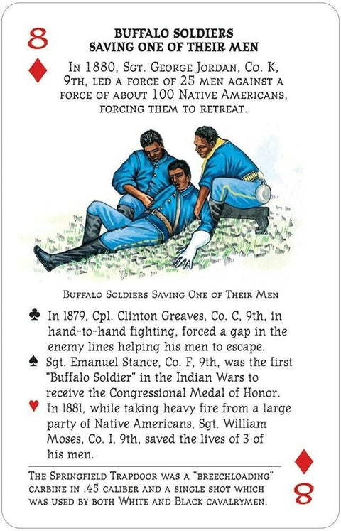 Kolekcinė žaidimo korta 8 raudonas rombas su mėlynais kareiviais ir priekinio teksto „Buffalo Soldiers“ istorija