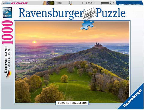 Dėlionė Ravensburger 1000 dalių su Burg Hohenzollern pilimi saulėlydžio panoramoje, minkšti kraštai, Deutschland Collection leidimas