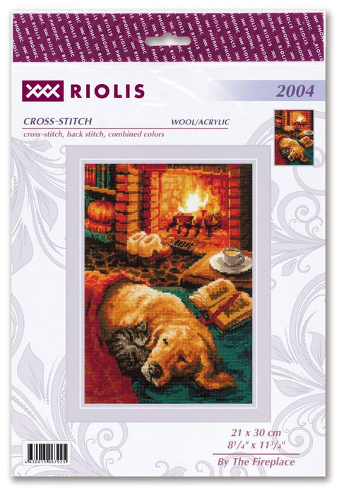Siuvinėjimo rinkinys Riolis 21×30 cm, vilna/akrilas — miegančio šuns ir katės prie židinio šilta scena