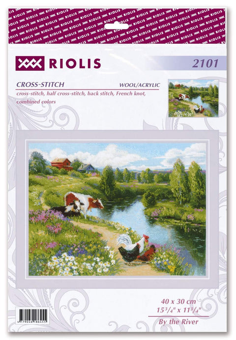 Kryželių rinkinys Riolis 'Prie upės' 40×30 cm, vilna/akrilas, kaimiškas peizažas su karvėmis ir gaidžiu prie upės