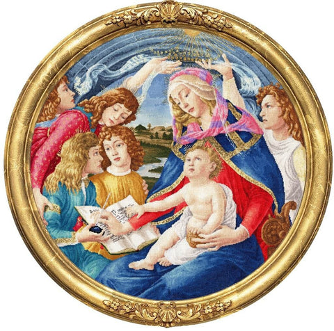 Paveikslas apvalus su Madonos ir kūdikėlio scena siuvinėjimu, dailiu auksiniu rėmu, skirtas kabinti ant sienos