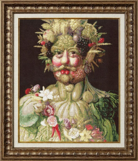 Paveikslas barokinio stiliaus portretas iš vaisių ir gėlių, bronzinis rėmas, kompozicijos artimas planas, 50×70 cm