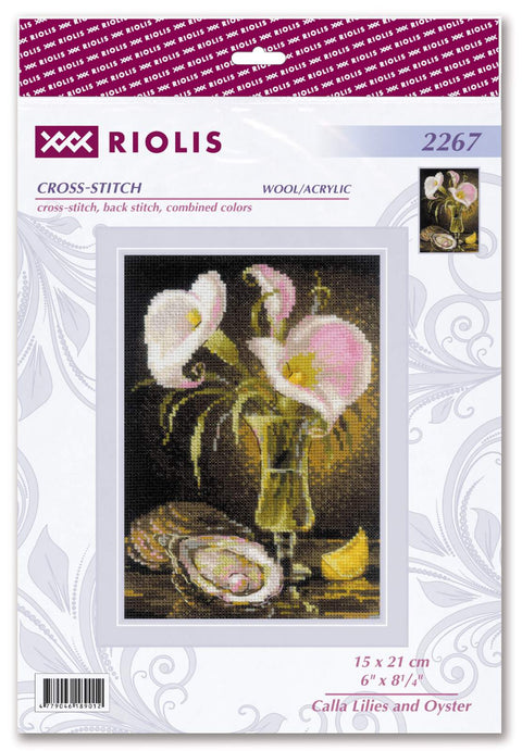 Kryželių siuvinėjimo rinkinys Riolis su baltų ir rožinių kalyčių motyvu vazoje ir austrėmis, 15×21 cm komplektas