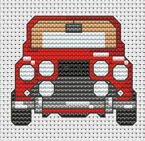 siuvinėta aplikacija raudonas automobilis (priekinis vaizdas), deimantinio kryžiaus raštas, skirta dekoruoti drabužius ir krepšius