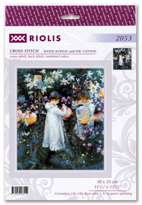 kryželių rinkinys Riolis 30×35 cm — dvi mergaitės su žibintais gėlių sode, spalvota schema