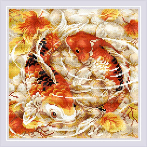 Deimantinė tapyba su oranžinėmis koi žuvimis, kvadratinė 40×40 cm užbaigta mozaikos kompozicija