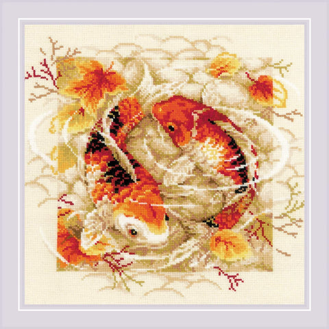 Kryželių siuvinėjimo rinkinys su dviem oranžiniais koi karpiais ir vandens spirale, kvadratinis 40×40 cm formatas