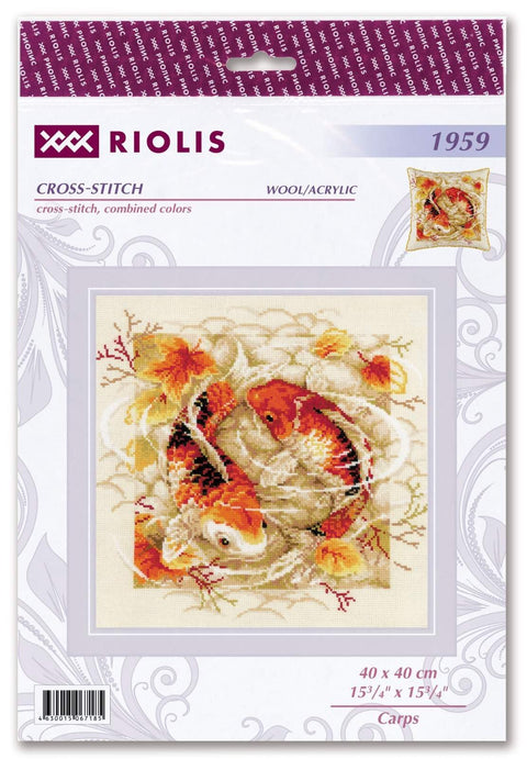 Kryželių rinkinys Riolis su oranžiniais karpiais ant šviesaus audinio, 40×40 cm komplektas pakuotėje